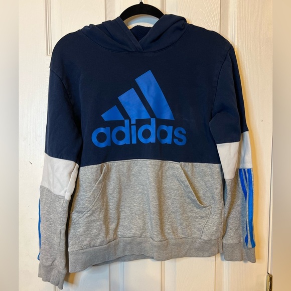 Adidas Boy's Fleece Hoodie Sweatshirt - Navy/Gray - Size Large (14 - 16) - Picture 1 of 6